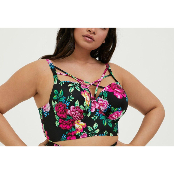 torrid Other - Torrid Underwire Strappy Front Bikini Top Swim Black Pink Floral Size 1 D/DD 1X